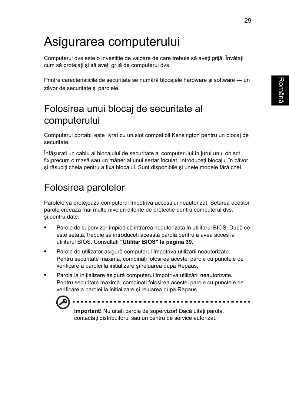 Asigurarea computerului, Folosirea parolelor | Acer Aspire 5736Z User Manual | Page 1337 / 2205