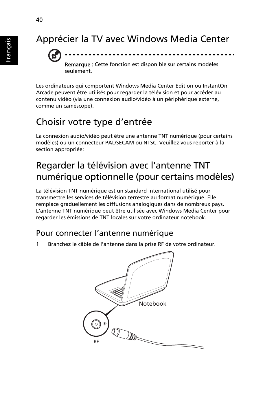 Apprécier la tv avec windows media center, Choisir votre type d’entrée, Pour connecter l’antenne numérique | Acer Aspire 5736Z User Manual | Page 134 / 2205