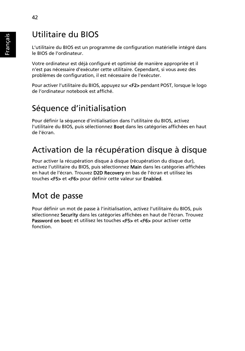 Utilitaire du bios, Séquence d’initialisation, Activation de la récupération disque à disque | Mot de passe | Acer Aspire 5736Z User Manual | Page 136 / 2205