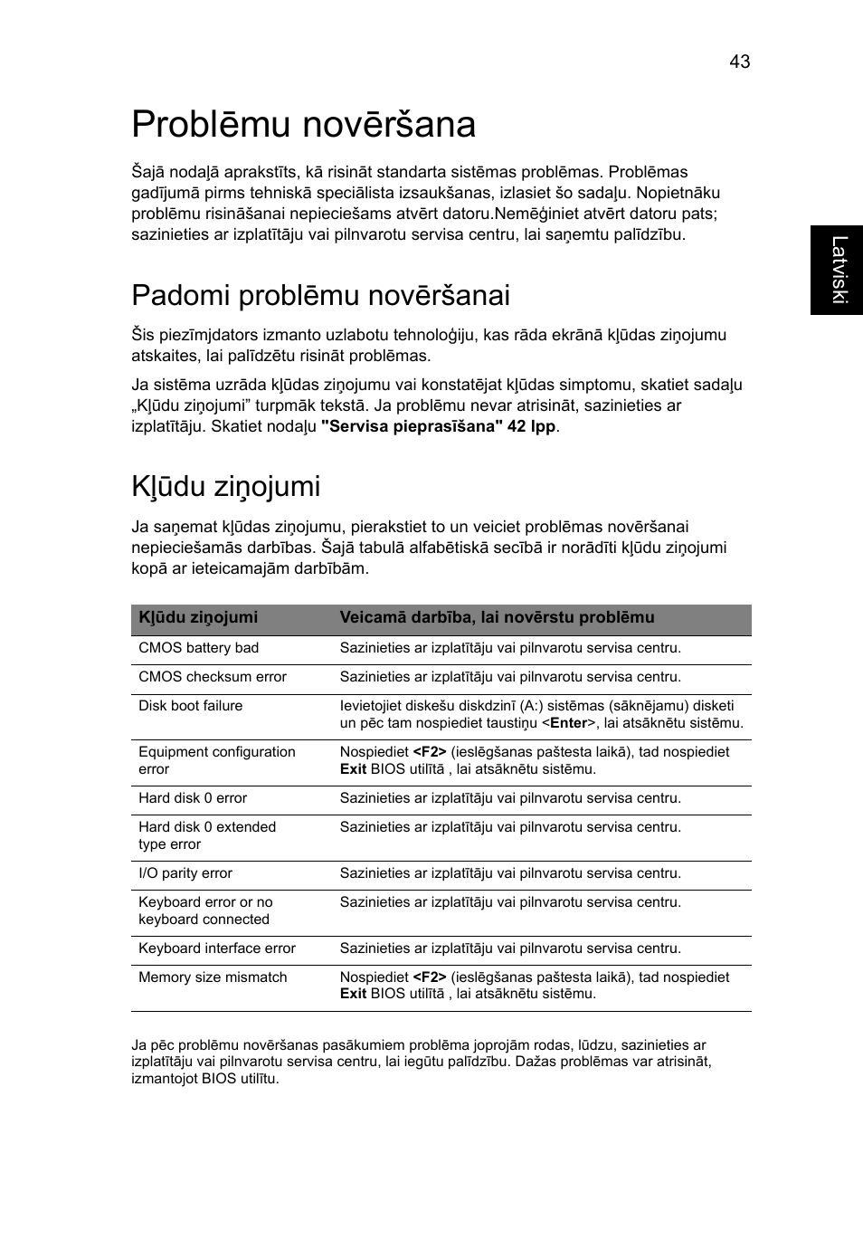 Problēmu novēršana, Padomi problēmu novēršanai, Kļūdu ziņojumi | Acer Aspire 5736Z User Manual | Page 1565 / 2205