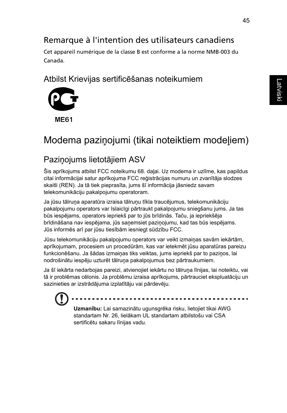 Modema paziņojumi (tikai noteiktiem modeļiem), Remarque à l'intention des utilisateurs canadiens, Paziņojums lietotājiem asv | Acer Aspire 5736Z User Manual | Page 1567 / 2205