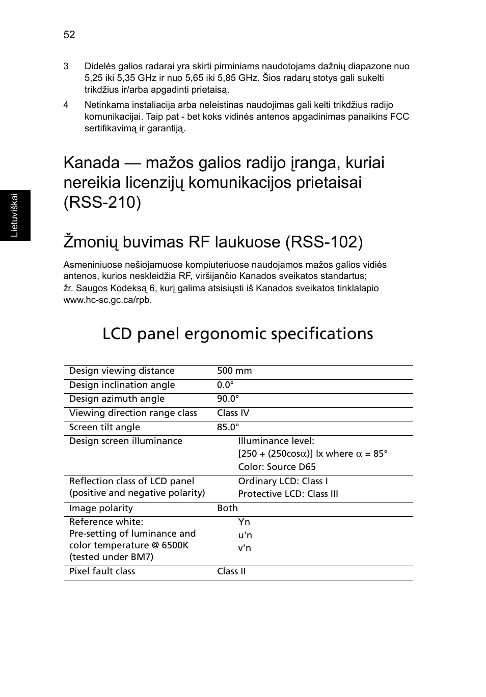 Žmonių buvimas rf laukuose (rss-102), Lcd panel ergonomic specifications | Acer Aspire 5736Z User Manual | Page 1644 / 2205