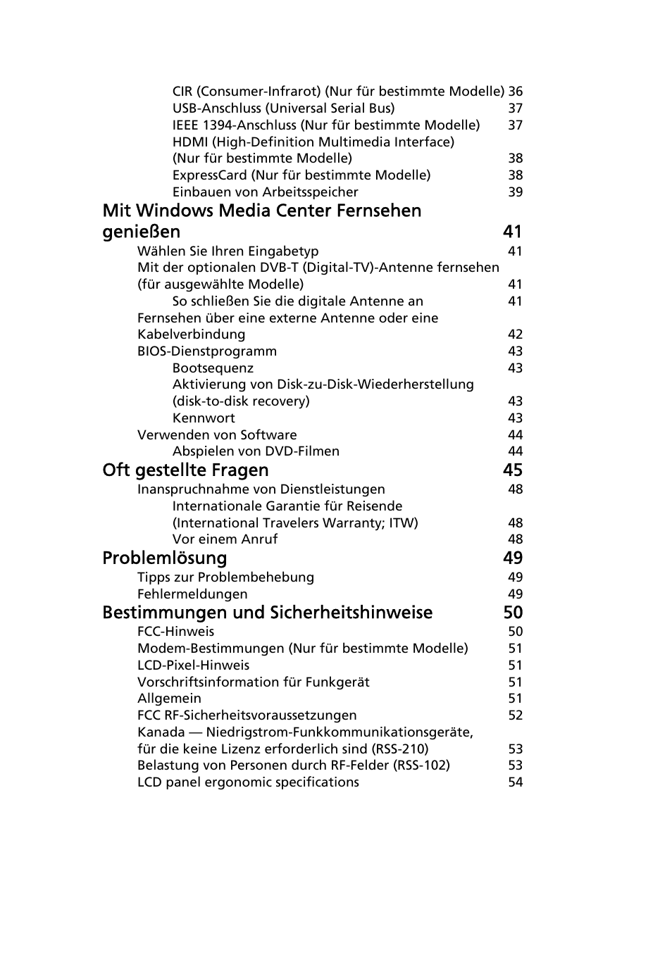 Mit windows media center fernsehen genießen 41, Oft gestellte fragen 45, Problemlösung 49 | Bestimmungen und sicherheitshinweise 50 | Acer Aspire 5736Z User Manual | Page 167 / 2205