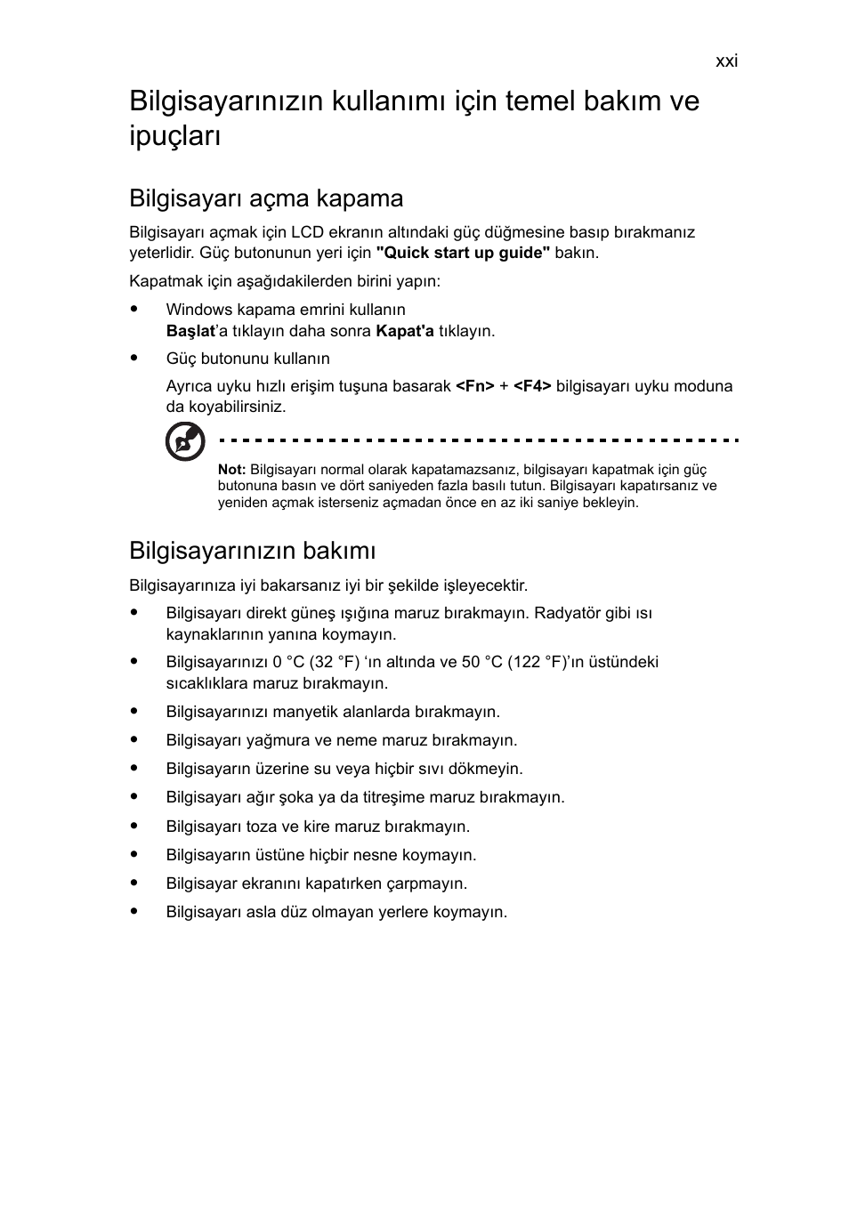 Bilgisayarı açma kapama, Bilgisayarınızın bakımı | Acer Aspire 5736Z User Manual | Page 1739 / 2205