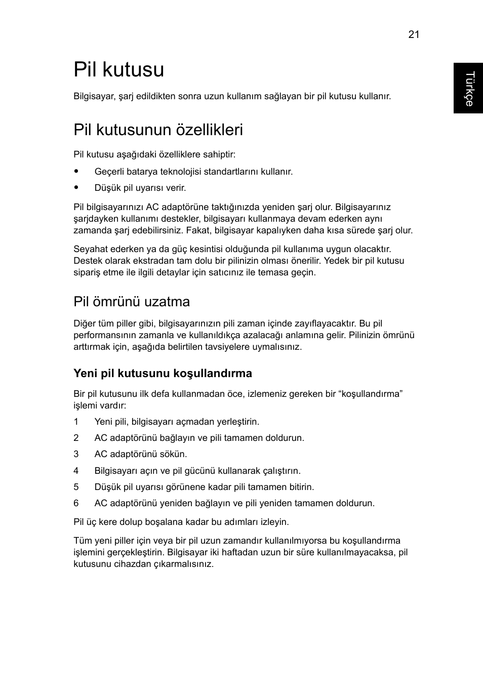 Pil kutusu, Pil kutusunun özellikleri, Pil ömrünü uzatma | Acer Aspire 5736Z User Manual | Page 1765 / 2205