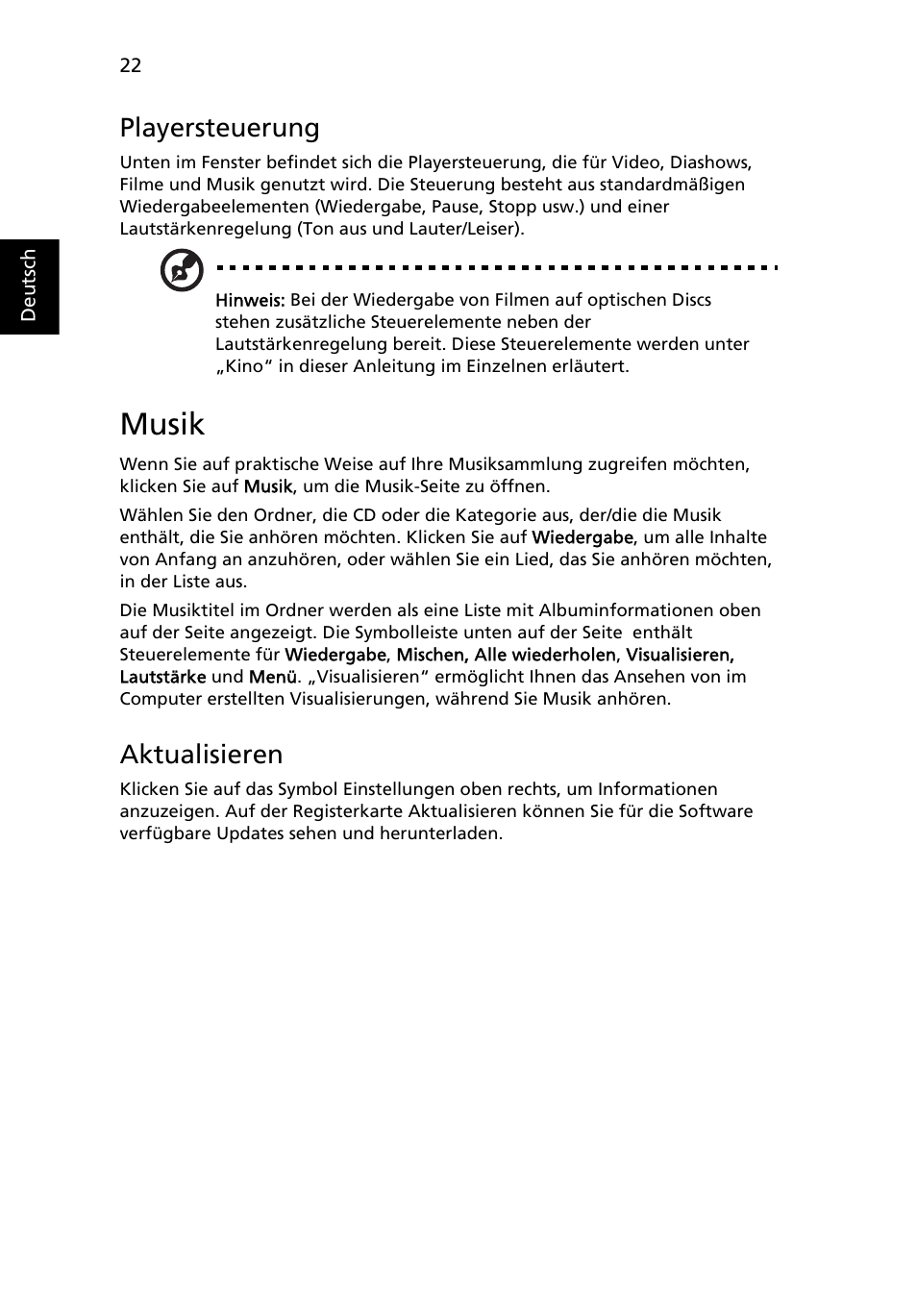 Musik, Playersteuerung, Aktualisieren | Acer Aspire 5736Z User Manual | Page 190 / 2205