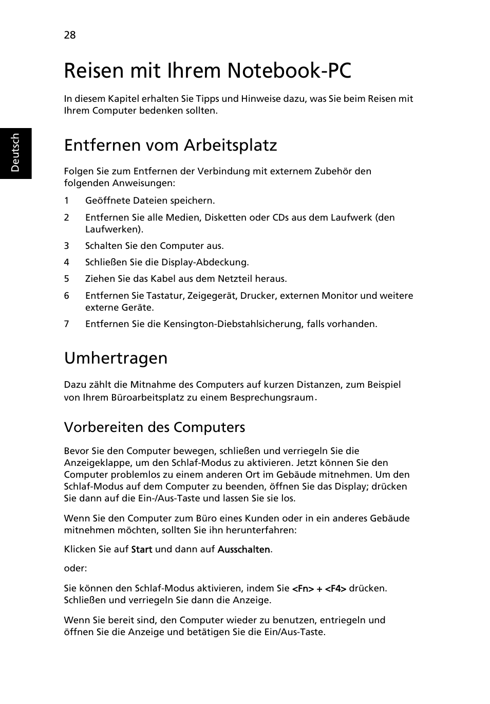 Reisen mit ihrem notebook-pc, Entfernen vom arbeitsplatz, Umhertragen | Vorbereiten des computers | Acer Aspire 5736Z User Manual | Page 196 / 2205