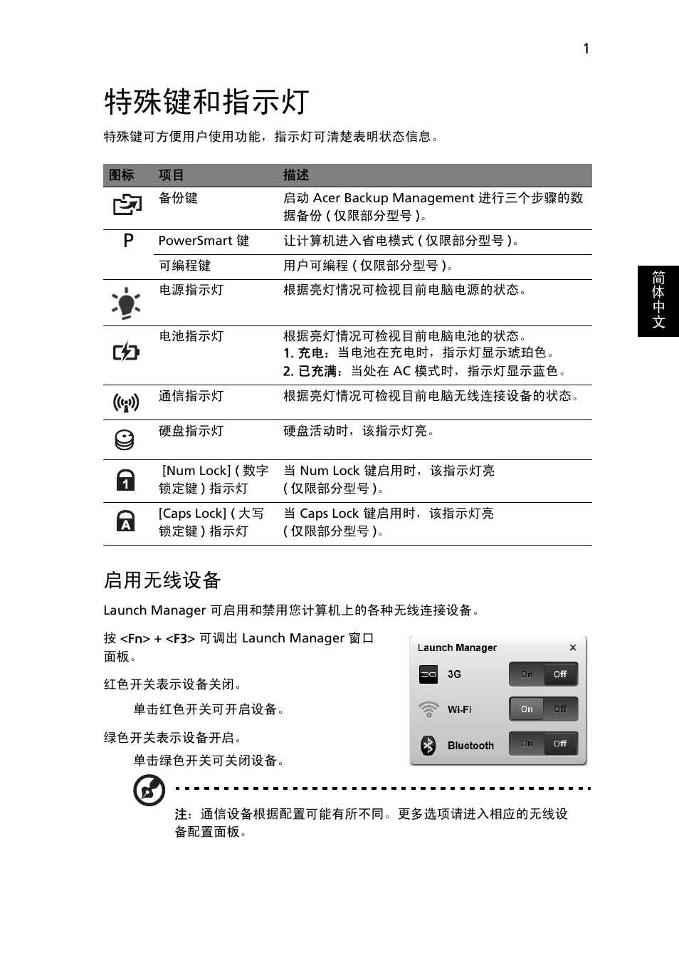 特殊键和指示灯, 启用无线设备 | Acer Aspire 5736Z User Manual | Page 2017 / 2205