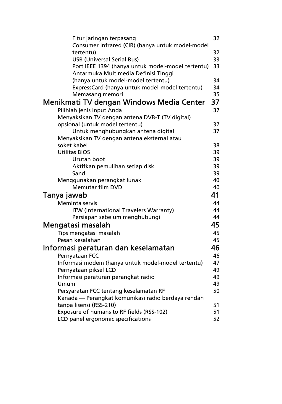 Menikmati tv dengan windows media center 37, Tanya jawab 41, Mengatasi masalah 45 | Informasi peraturan dan keselamatan 46 | Acer Aspire 5736Z User Manual | Page 2079 / 2205