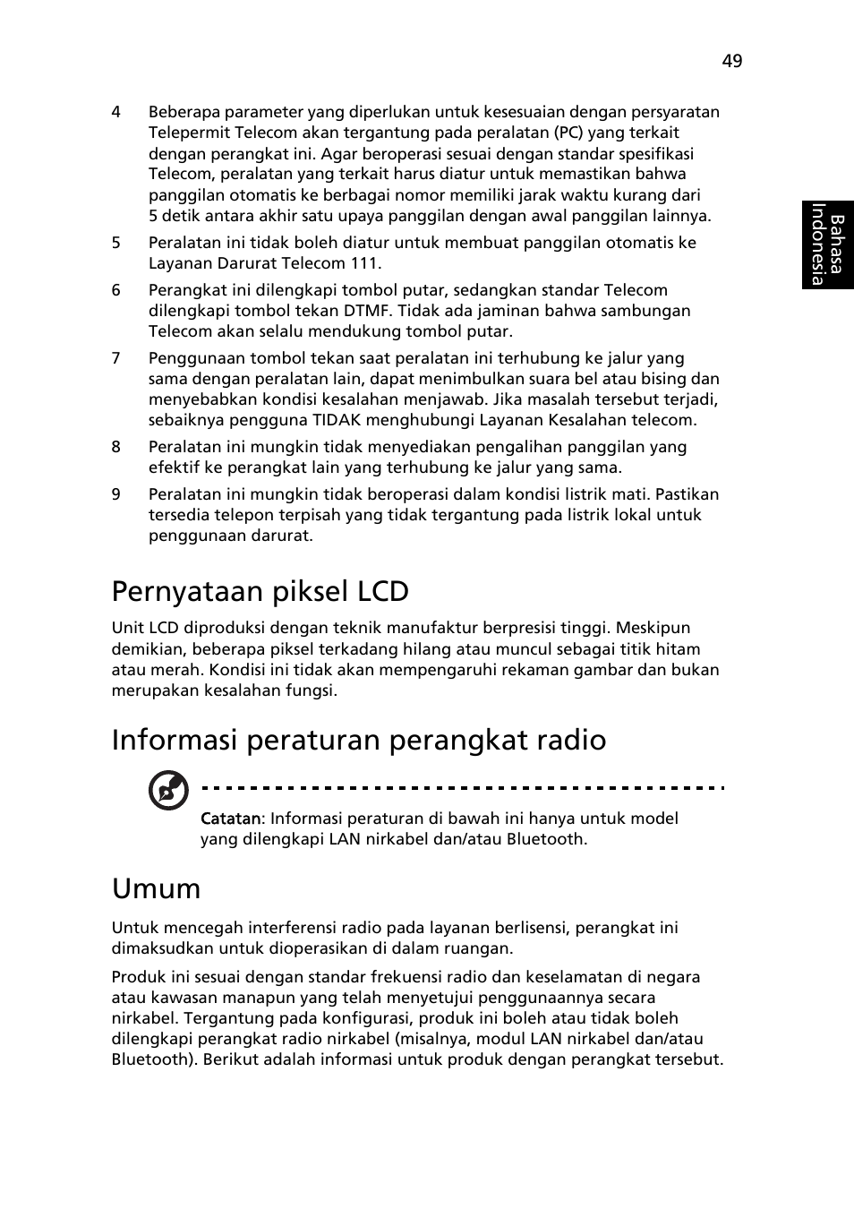 Pernyataan piksel lcd, Informasi peraturan perangkat radio, Umum | Acer Aspire 5736Z User Manual | Page 2129 / 2205