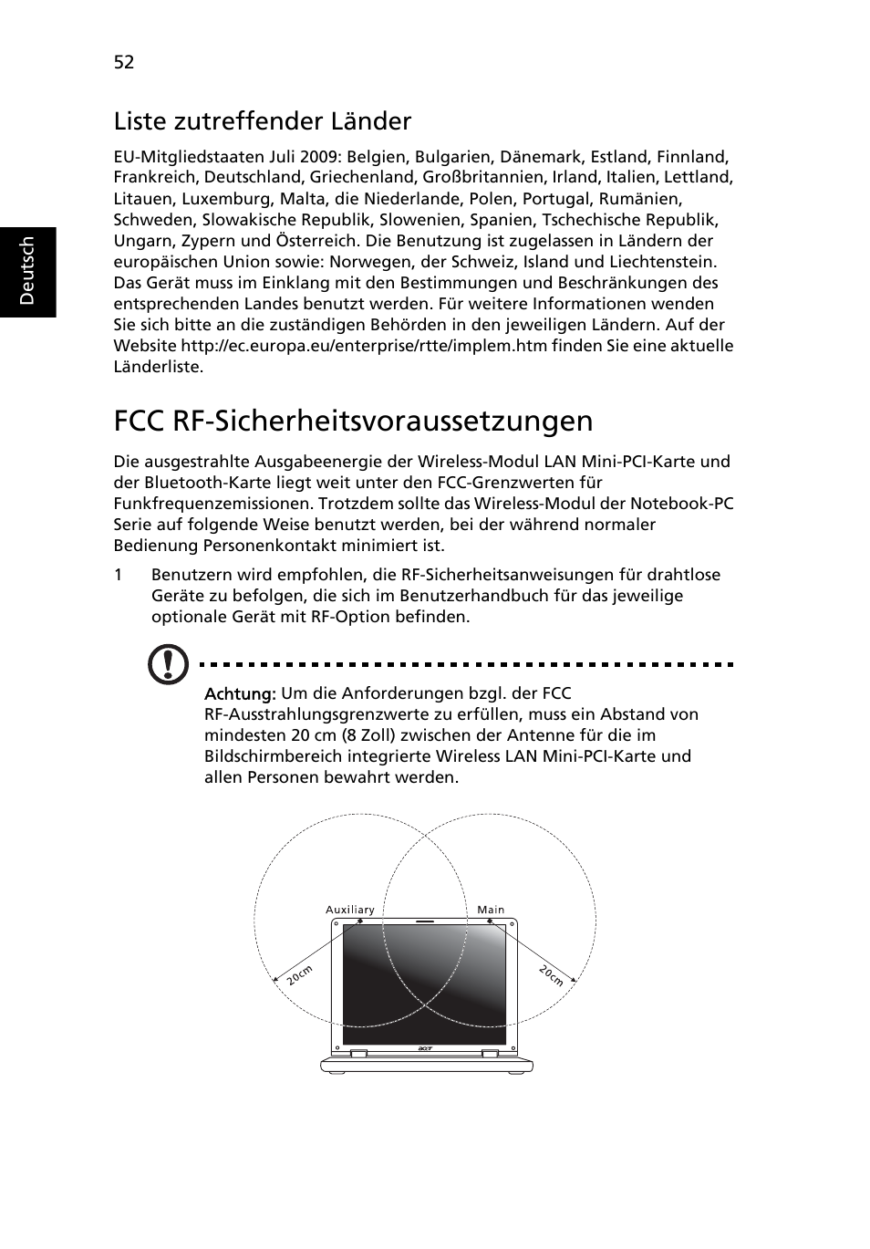 Fcc rf-sicherheitsvoraussetzungen, Liste zutreffender länder | Acer Aspire 5736Z User Manual | Page 220 / 2205