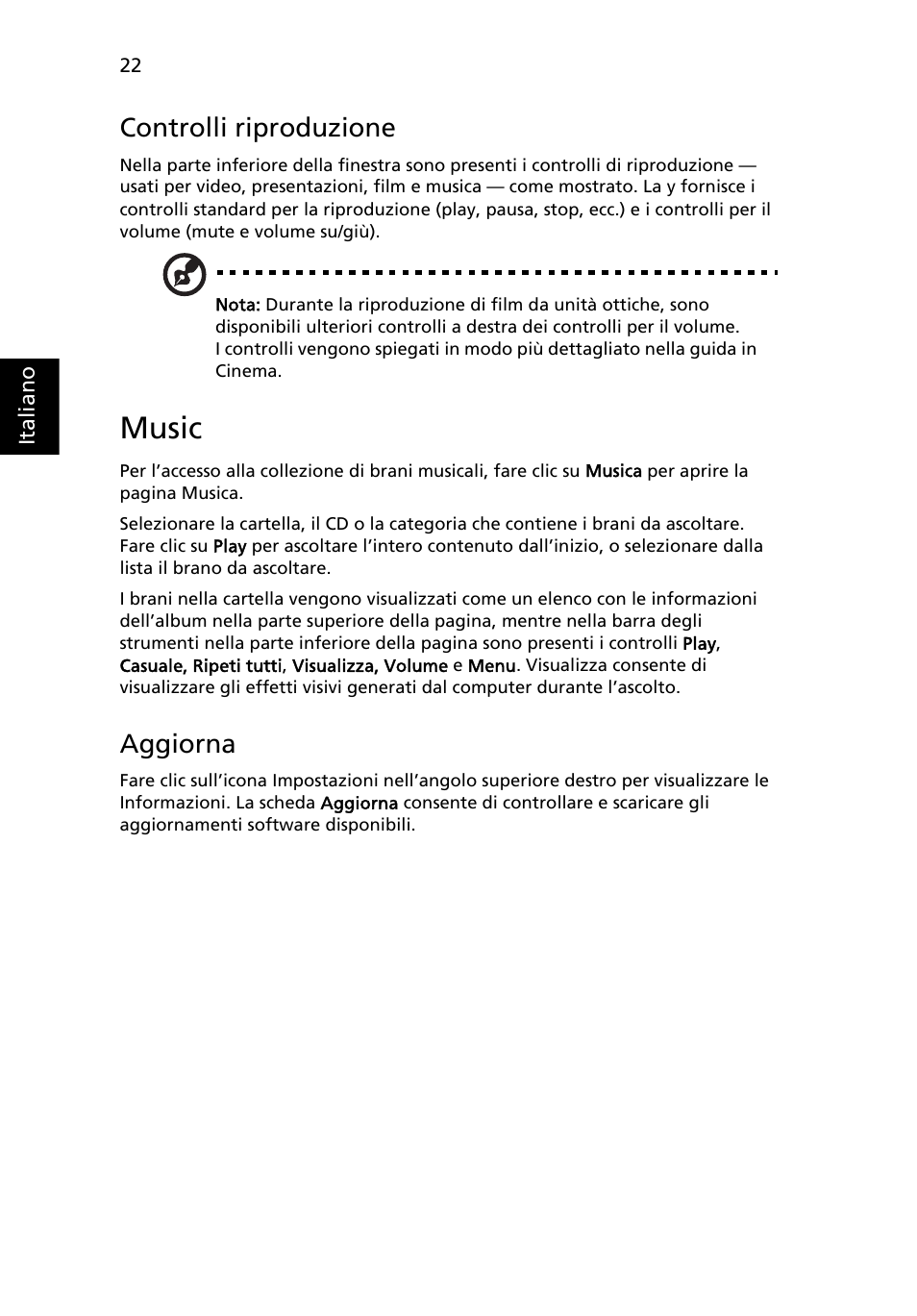 Music, Controlli riproduzione, Aggiorna | Acer Aspire 5736Z User Manual | Page 264 / 2205