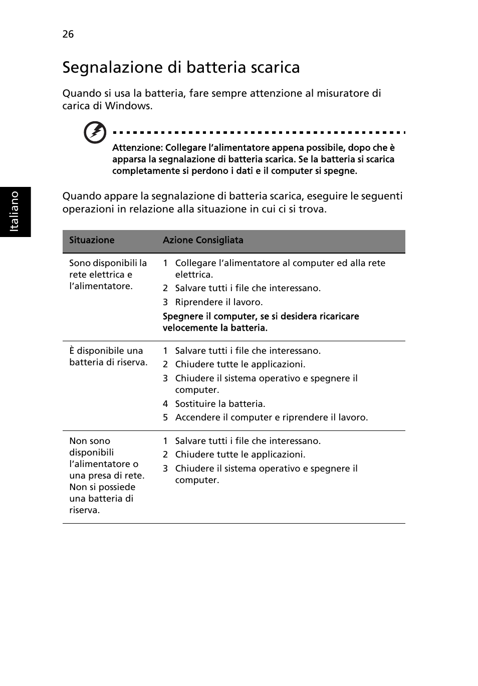 Segnalazione di batteria scarica | Acer Aspire 5736Z User Manual | Page 268 / 2205