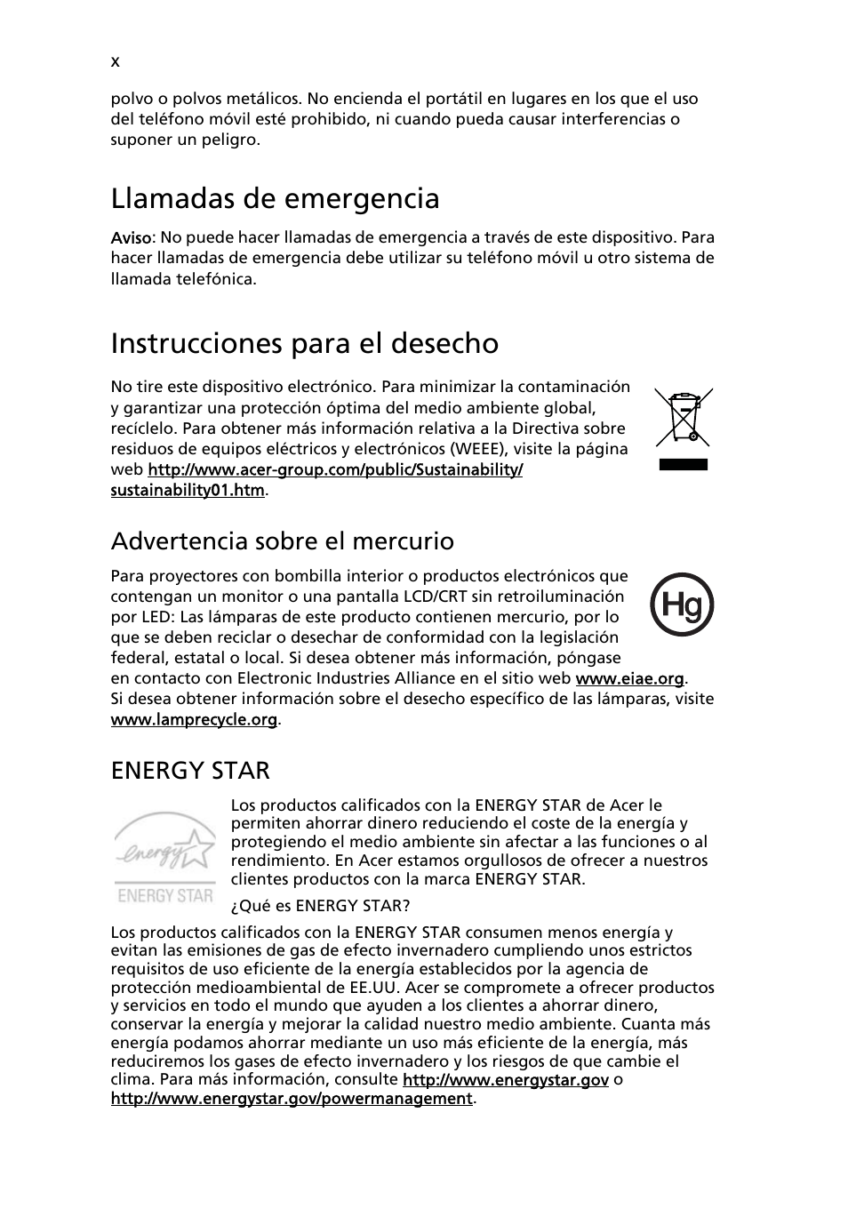 Llamadas de emergencia, Instrucciones para el desecho, Advertencia sobre el mercurio | Energy star | Acer Aspire 5736Z User Manual | Page 304 / 2205