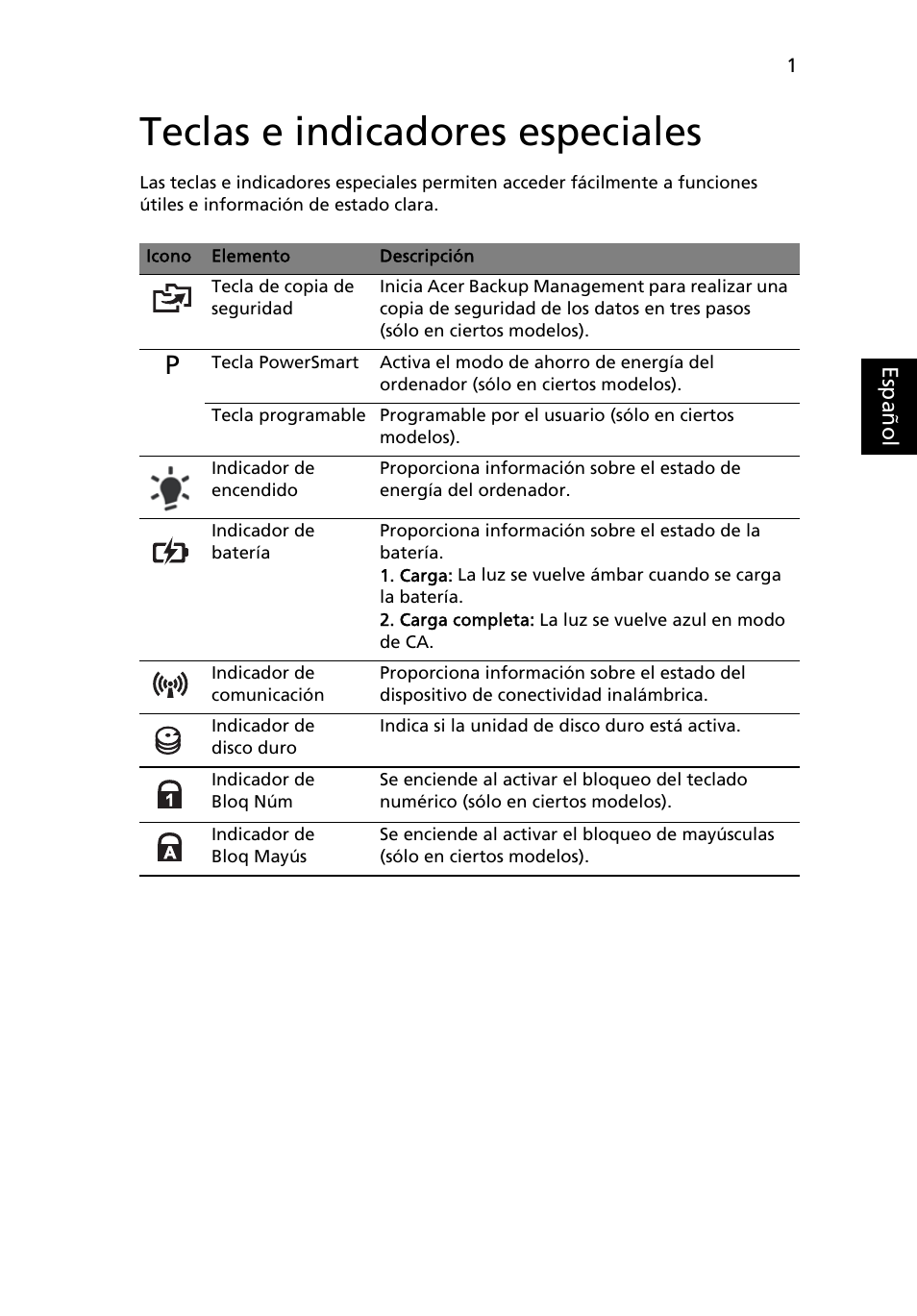 Teclas e indicadores especiales | Acer Aspire 5736Z User Manual | Page 315 / 2205