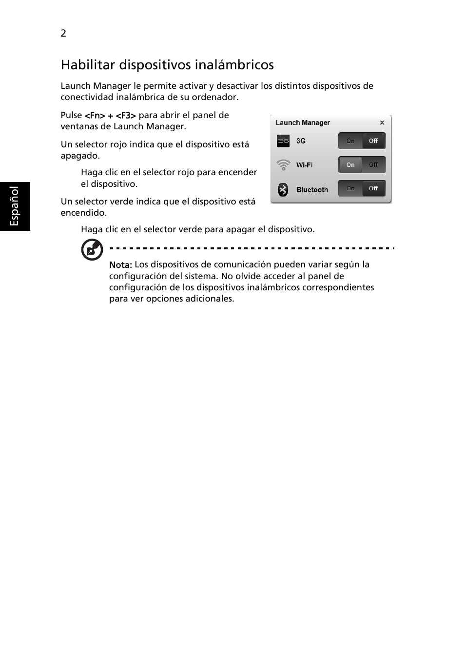 Habilitar dispositivos inalámbricos | Acer Aspire 5736Z User Manual | Page 316 / 2205