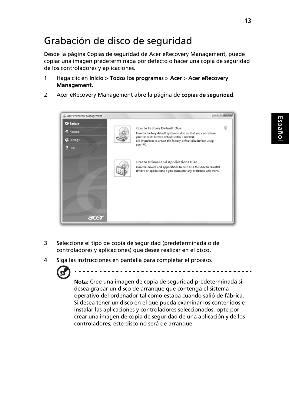 Grabación de disco de seguridad | Acer Aspire 5736Z User Manual | Page 327 / 2205