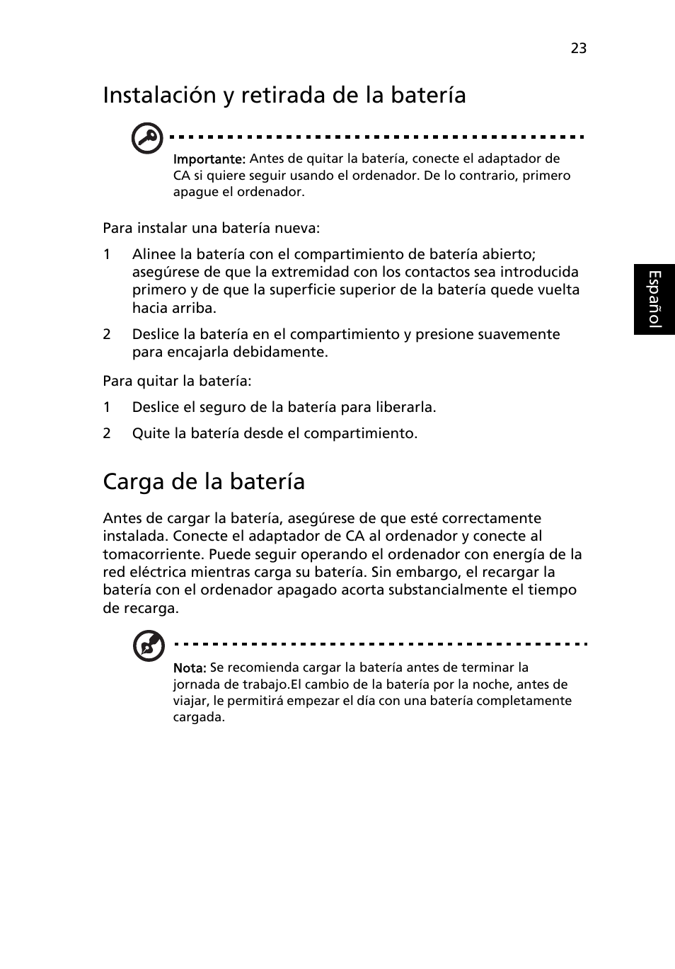 Instalación y retirada de la batería, Carga de la batería | Acer Aspire 5736Z User Manual | Page 337 / 2205