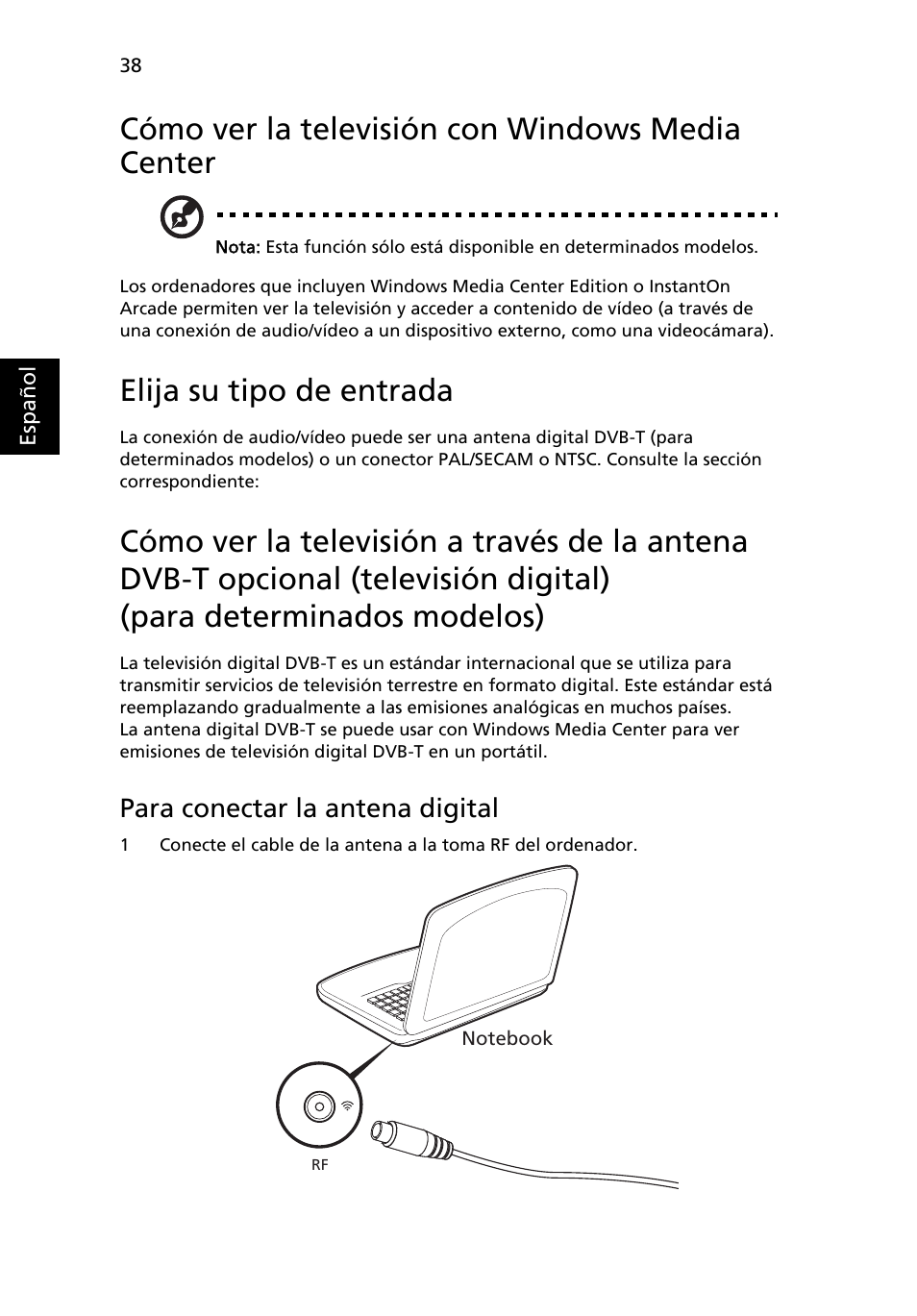 Cómo ver la televisión con windows media center, Elija su tipo de entrada, Para conectar la antena digital | Acer Aspire 5736Z User Manual | Page 352 / 2205