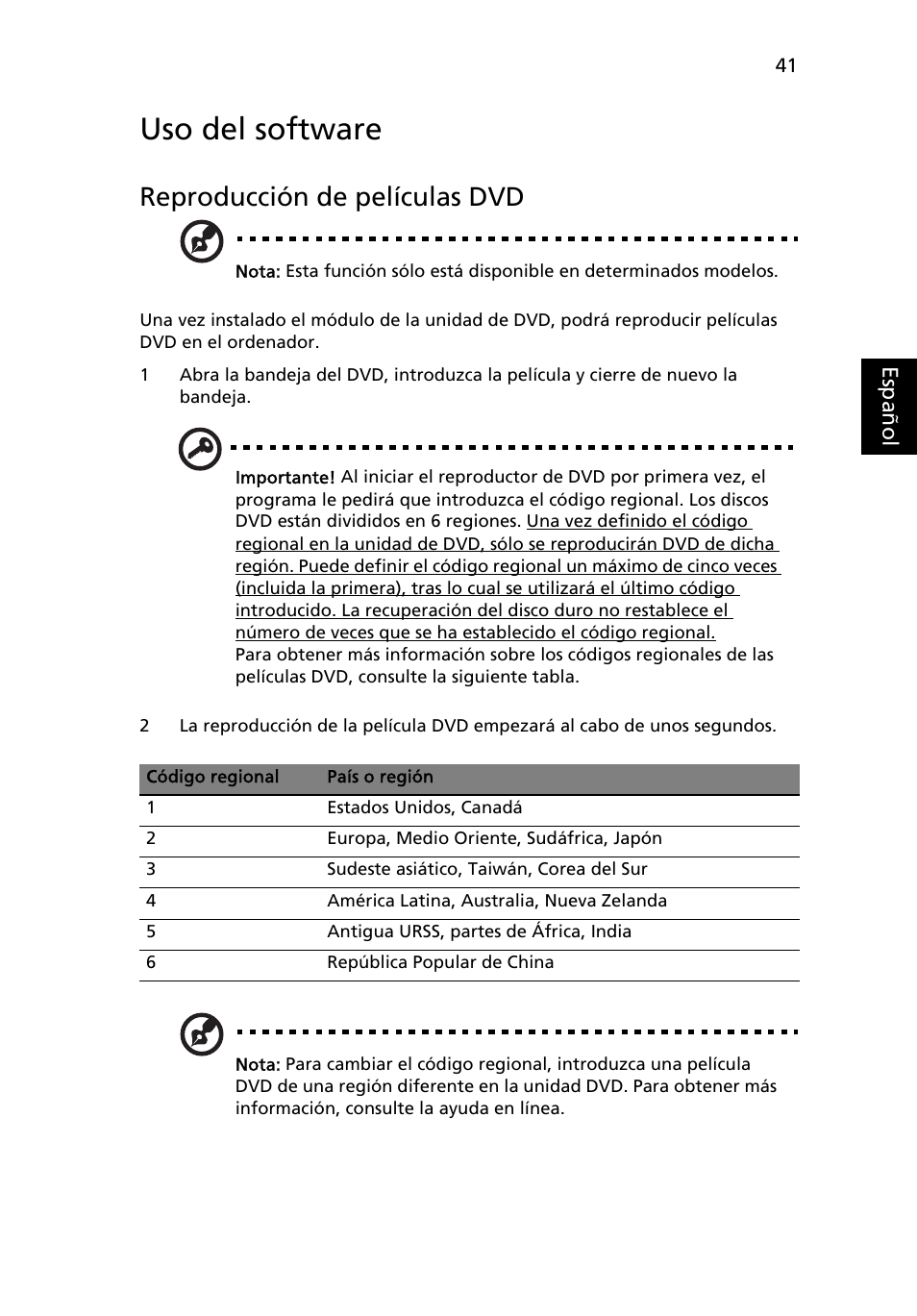 Uso del software, Reproducción de películas dvd | Acer Aspire 5736Z User Manual | Page 355 / 2205