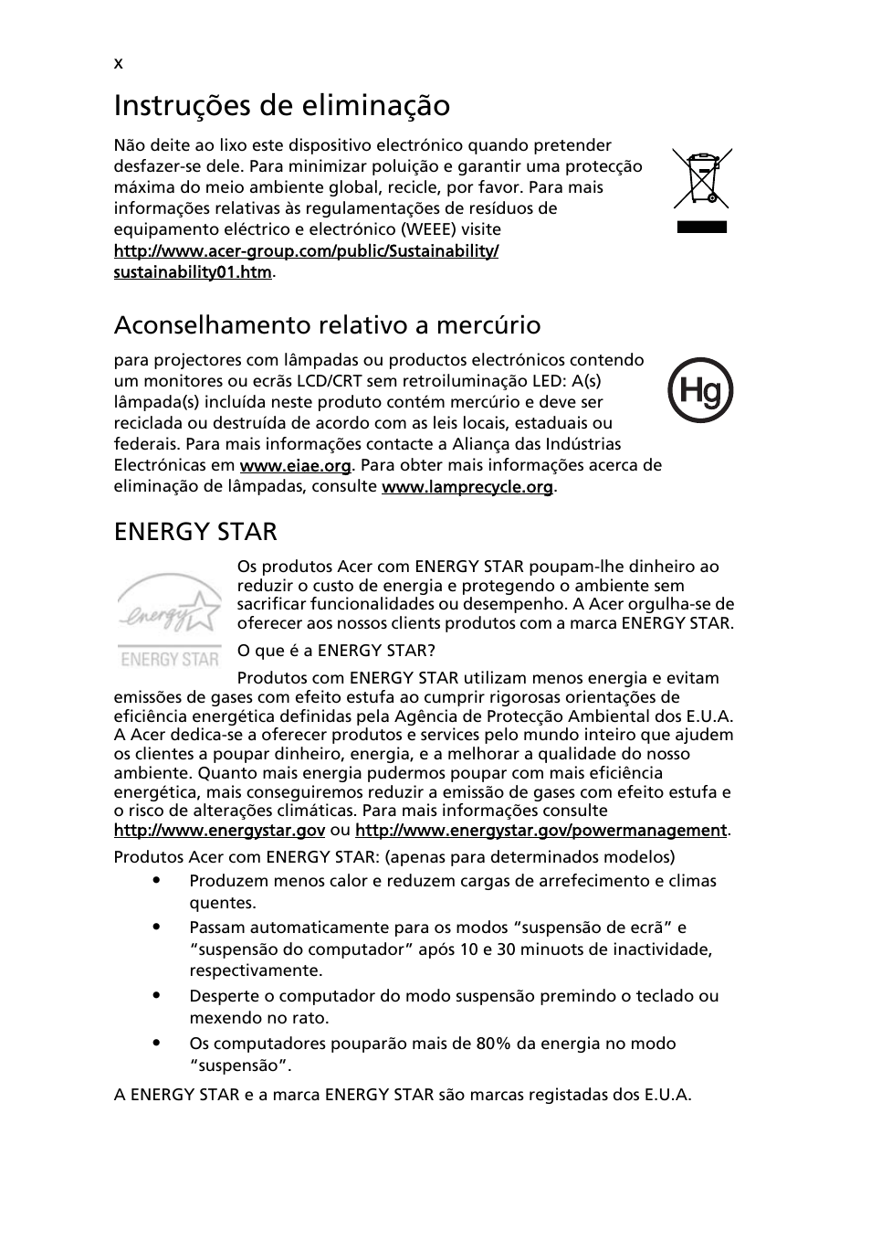 Instruções de eliminação, Aconselhamento relativo a mercúrio, Energy star | Acer Aspire 5736Z User Manual | Page 376 / 2205