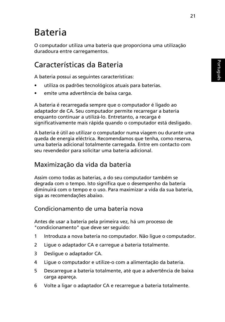 Bateria, Características da bateria, Maximização da vida da bateria | Acer Aspire 5736Z User Manual | Page 407 / 2205