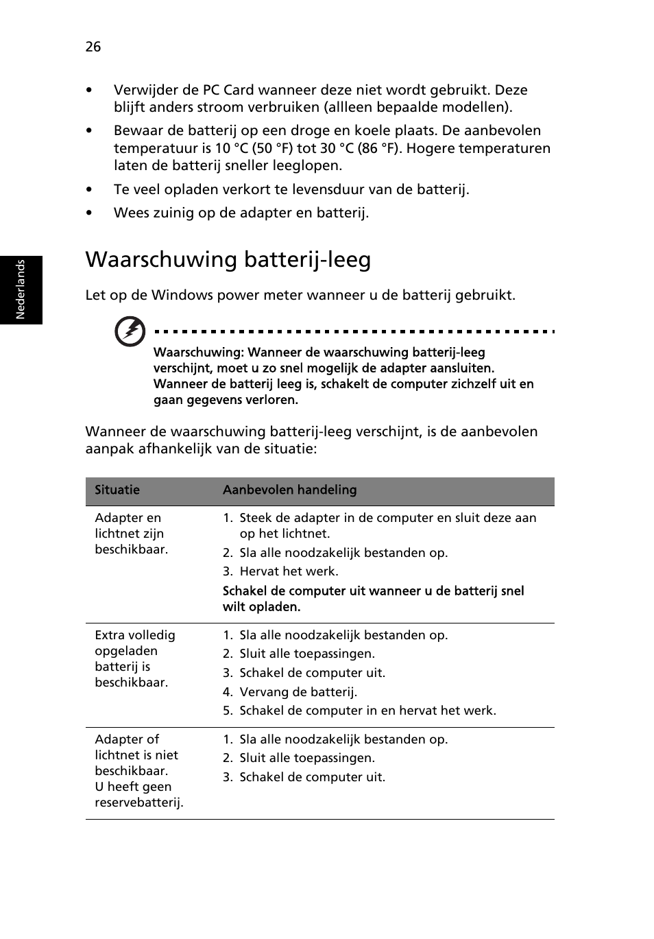 Waarschuwing batterij-leeg | Acer Aspire 5736Z User Manual | Page 484 / 2205