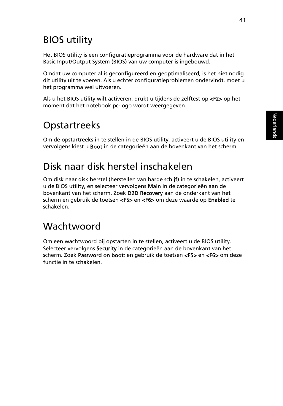 Bios utility, Opstartreeks, Disk naar disk herstel inschakelen | Wachtwoord | Acer Aspire 5736Z User Manual | Page 499 / 2205