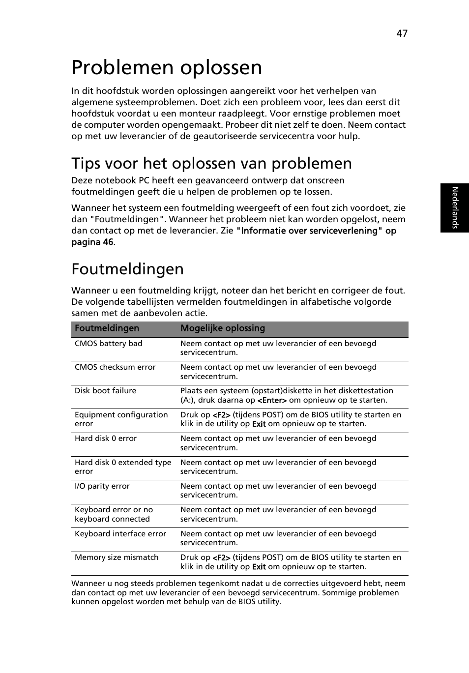 Problemen oplossen, Tips voor het oplossen van problemen, Foutmeldingen | Eng lish | Acer Aspire 5736Z User Manual | Page 505 / 2205