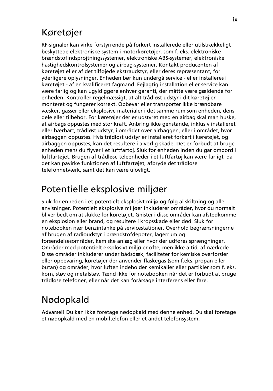 Køretøjer, Potentielle eksplosive miljøer, Nødopkald | Acer Aspire 5736Z User Manual | Page 587 / 2205