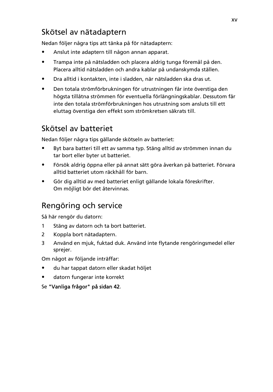 Skötsel av nätadaptern, Skötsel av batteriet, Rengöring och service | Acer Aspire 5736Z User Manual | Page 663 / 2205