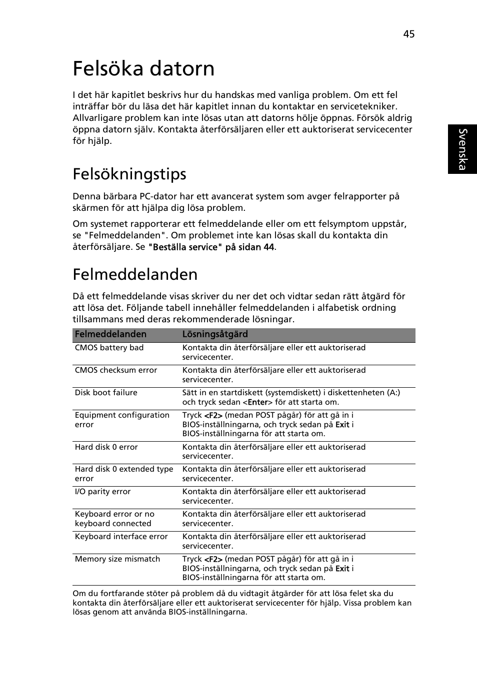 Felsöka datorn, Felsökningstips, Felmeddelanden | Eng lish sv en ska | Acer Aspire 5736Z User Manual | Page 713 / 2205