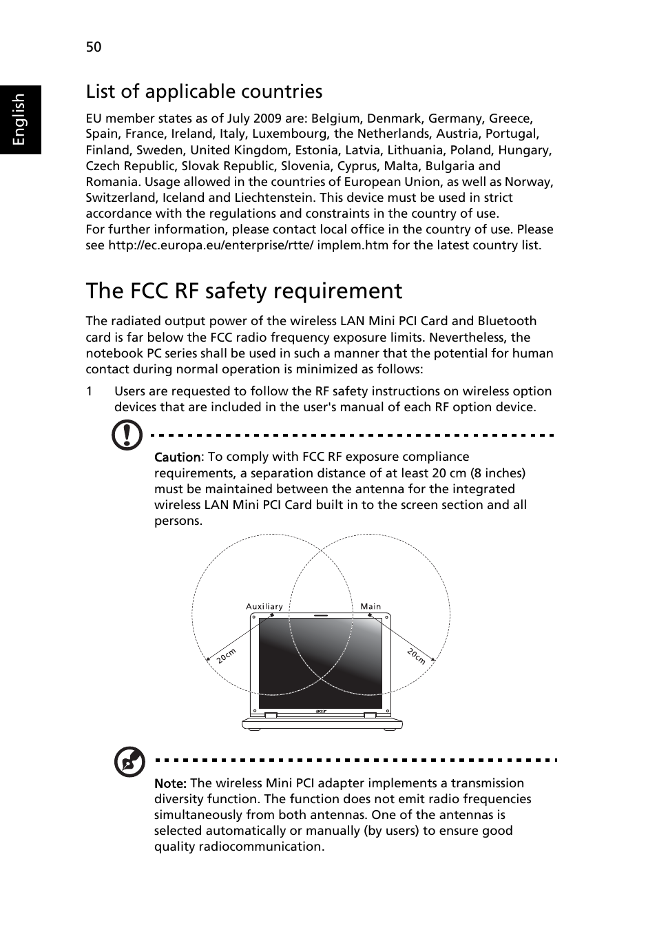 The fcc rf safety requirement, List of applicable countries | Acer Aspire 5736Z User Manual | Page 72 / 2205