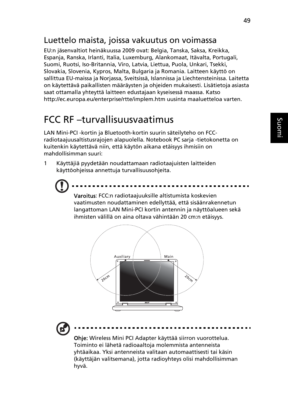 Fcc rf -turvallisuusvaatimus, Fcc rf –turvallisuusvaatimus, Luettelo maista, joissa vakuutus on voimassa | Acer Aspire 5736Z User Manual | Page 787 / 2205