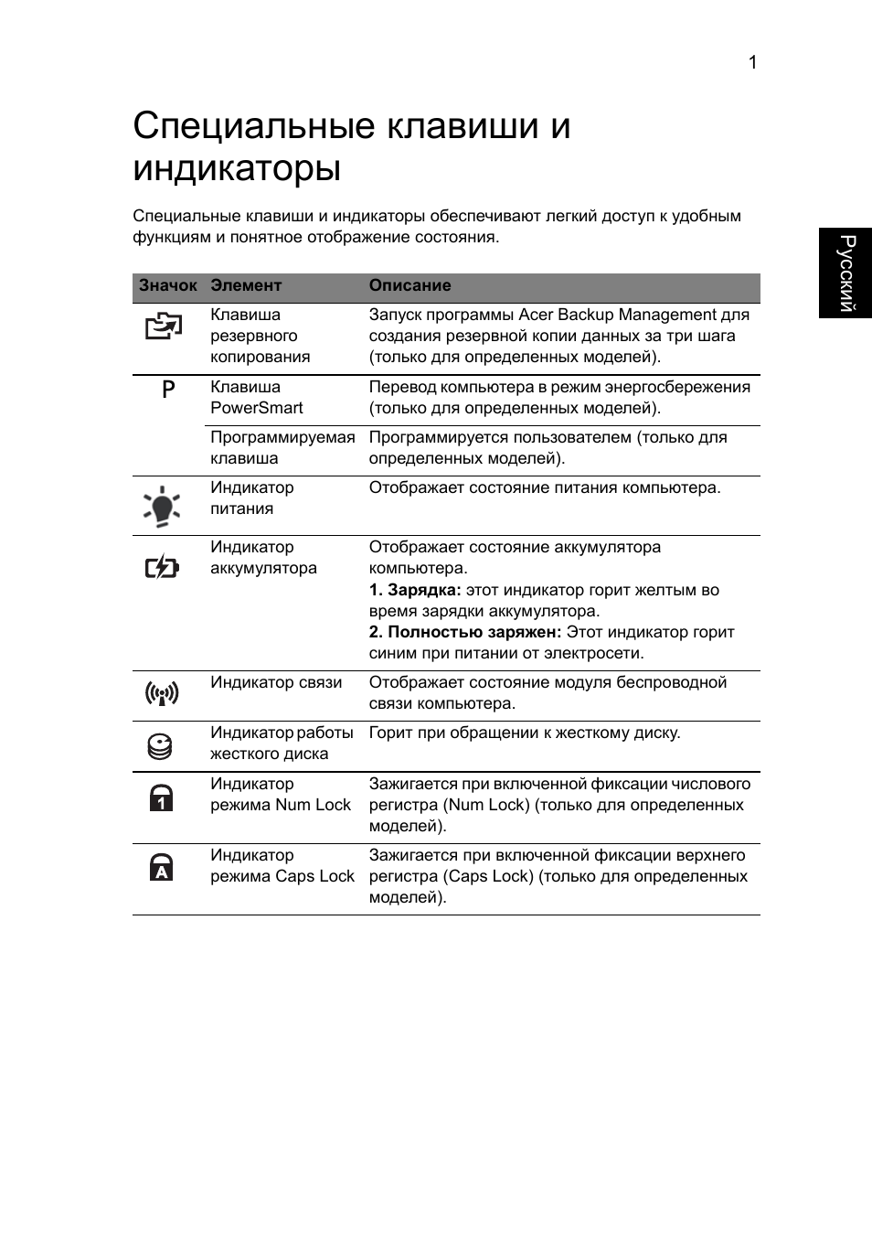 Специальные клавиши и индикаторы | Acer Aspire 5736Z User Manual | Page 811 / 2205