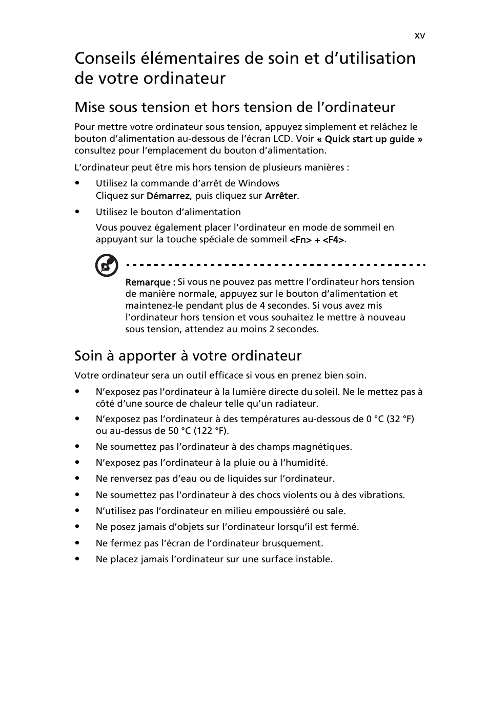 Mise sous tension et hors tension de l’ordinateur, Soin à apporter à votre ordinateur | Acer Aspire 5736Z User Manual | Page 89 / 2205