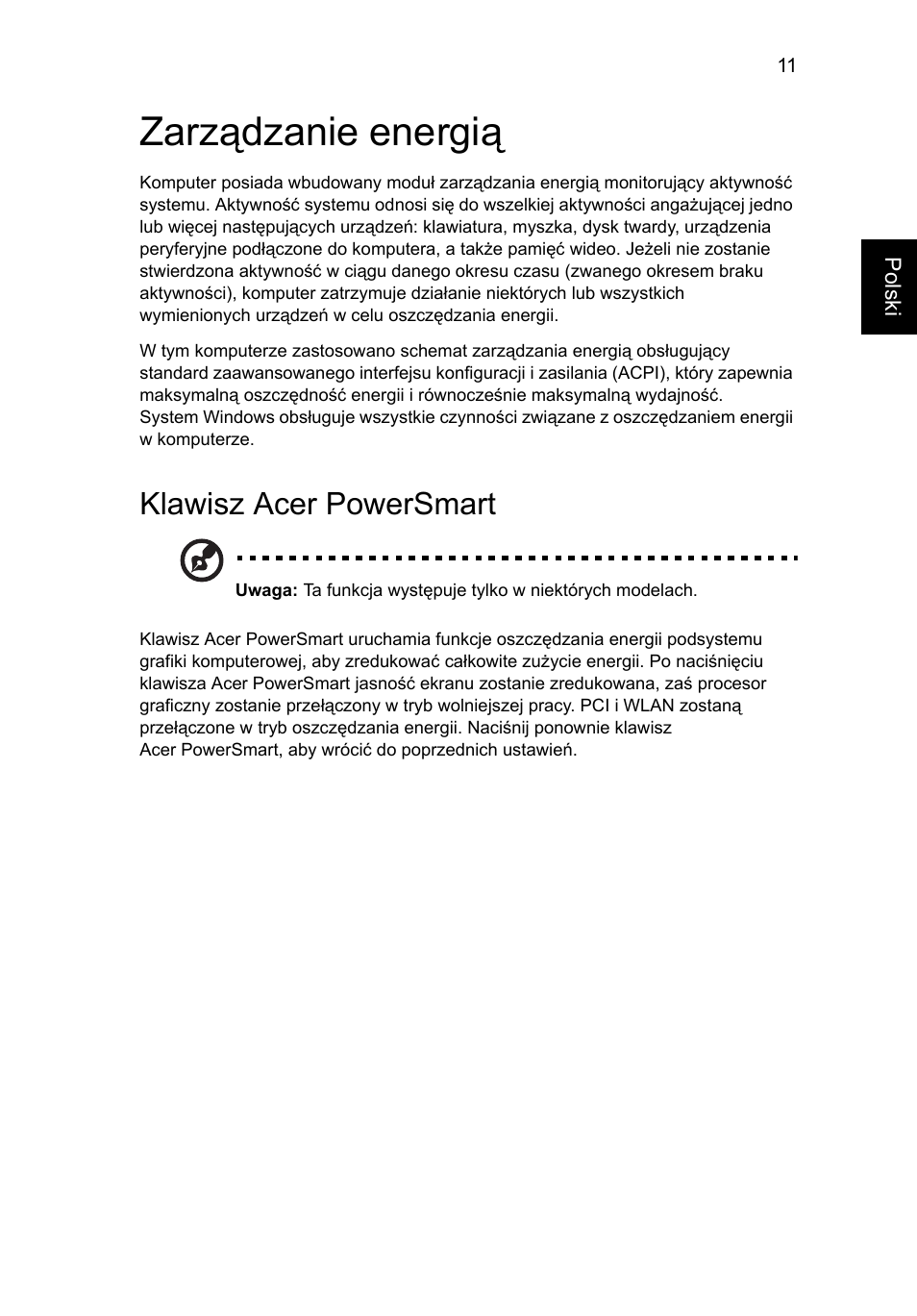 Zarządzanie energią, Klawisz acer powersmart | Acer Aspire 5736Z User Manual | Page 893 / 2205