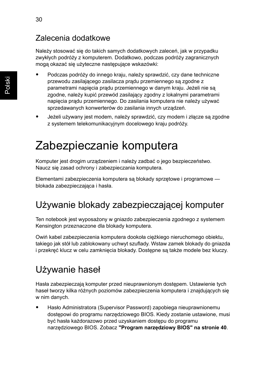 Zabezpieczanie komputera, Używanie blokady zabezpieczającej komputer, Używanie haseł | Zalecenia dodatkowe | Acer Aspire 5736Z User Manual | Page 912 / 2205