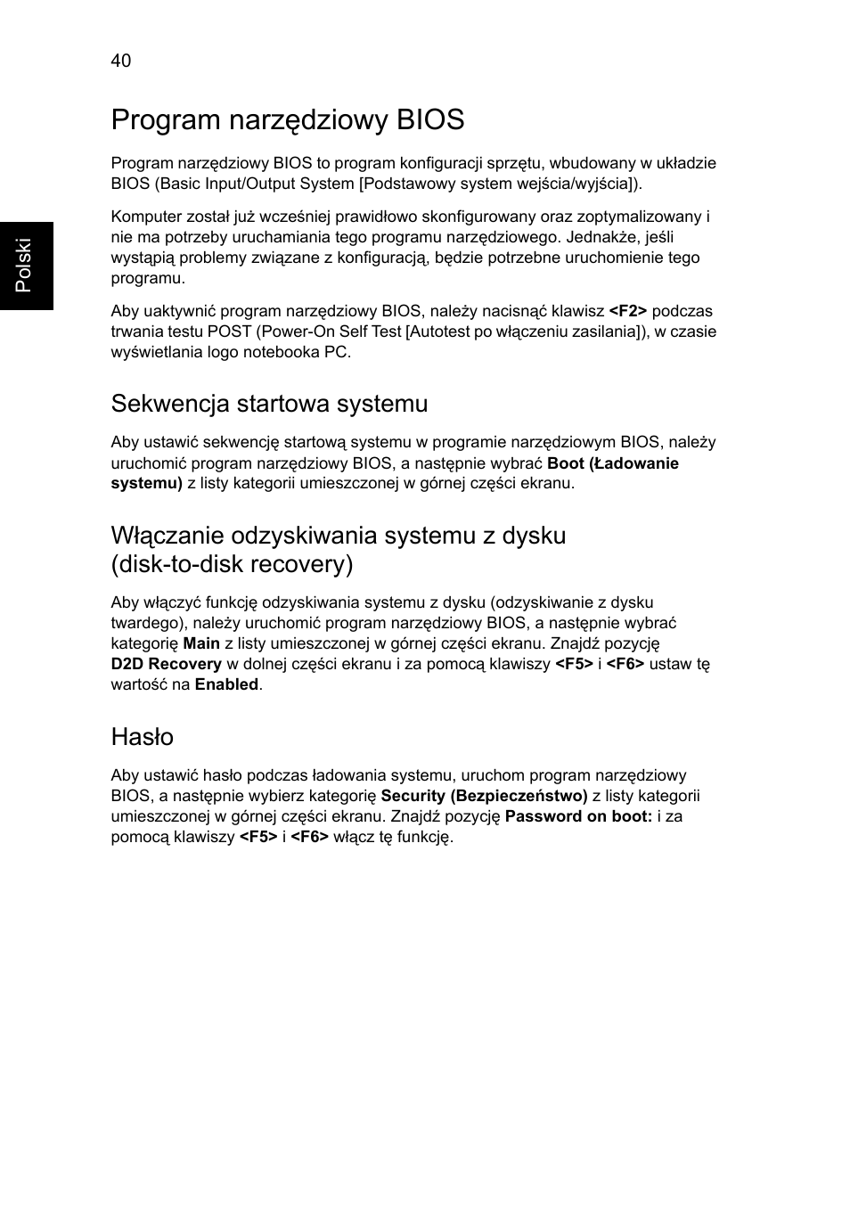 Program narzędziowy bios, Sekwencja startowa systemu, Hasło | Acer Aspire 5736Z User Manual | Page 922 / 2205