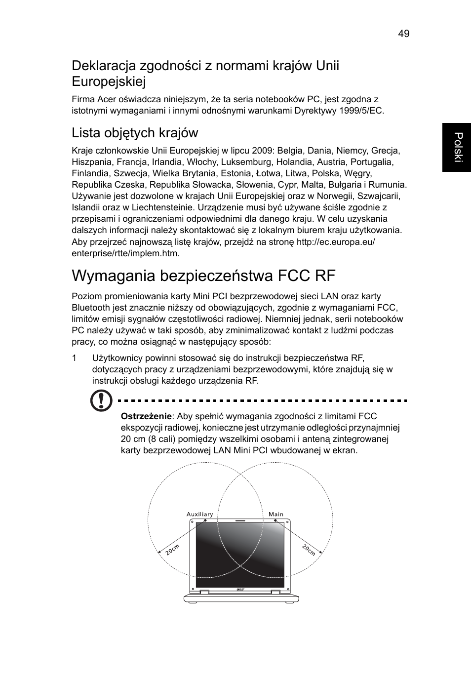 Wymagania bezpieczeństwa fcc rf, Lista objętych krajów | Acer Aspire 5736Z User Manual | Page 931 / 2205