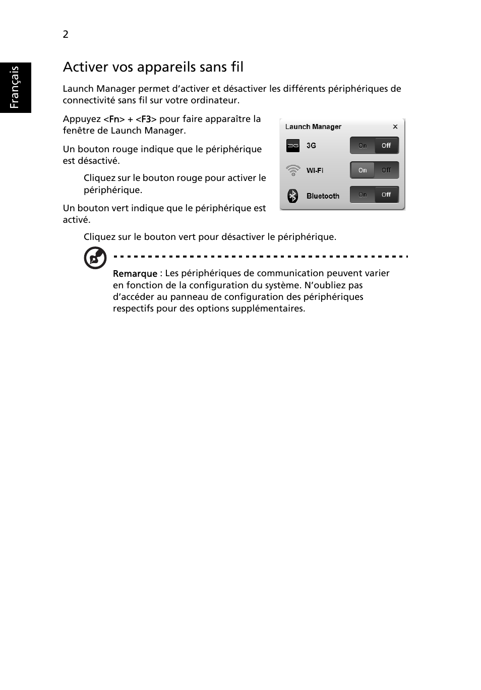 Activer vos appareils sans fil | Acer Aspire 5736Z User Manual | Page 96 / 2205