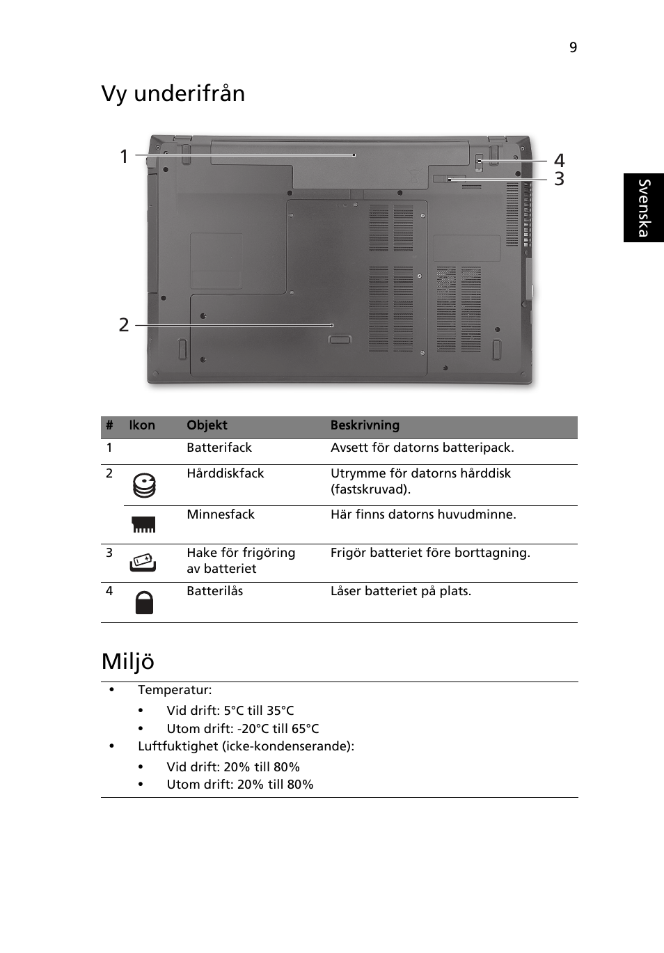 Vy underifrån, Miljö, Vy underifrån miljö | Acer TravelMate 7740ZG User Manual | Page 103 / 314