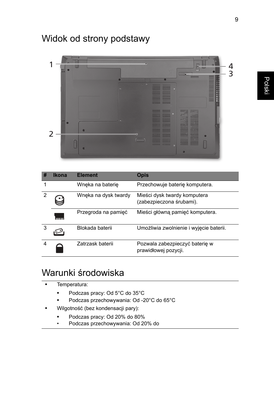 Widok od strony podstawy, Warunki środowiska, Widok od strony podstawy warunki środowiska | Acer TravelMate 7740ZG User Manual | Page 133 / 314