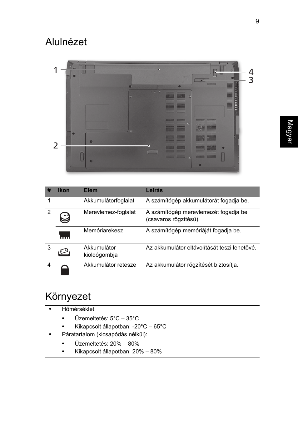 Alulnézet, Környezet, Alulnézet környezet | Acer TravelMate 7740ZG User Manual | Page 143 / 314