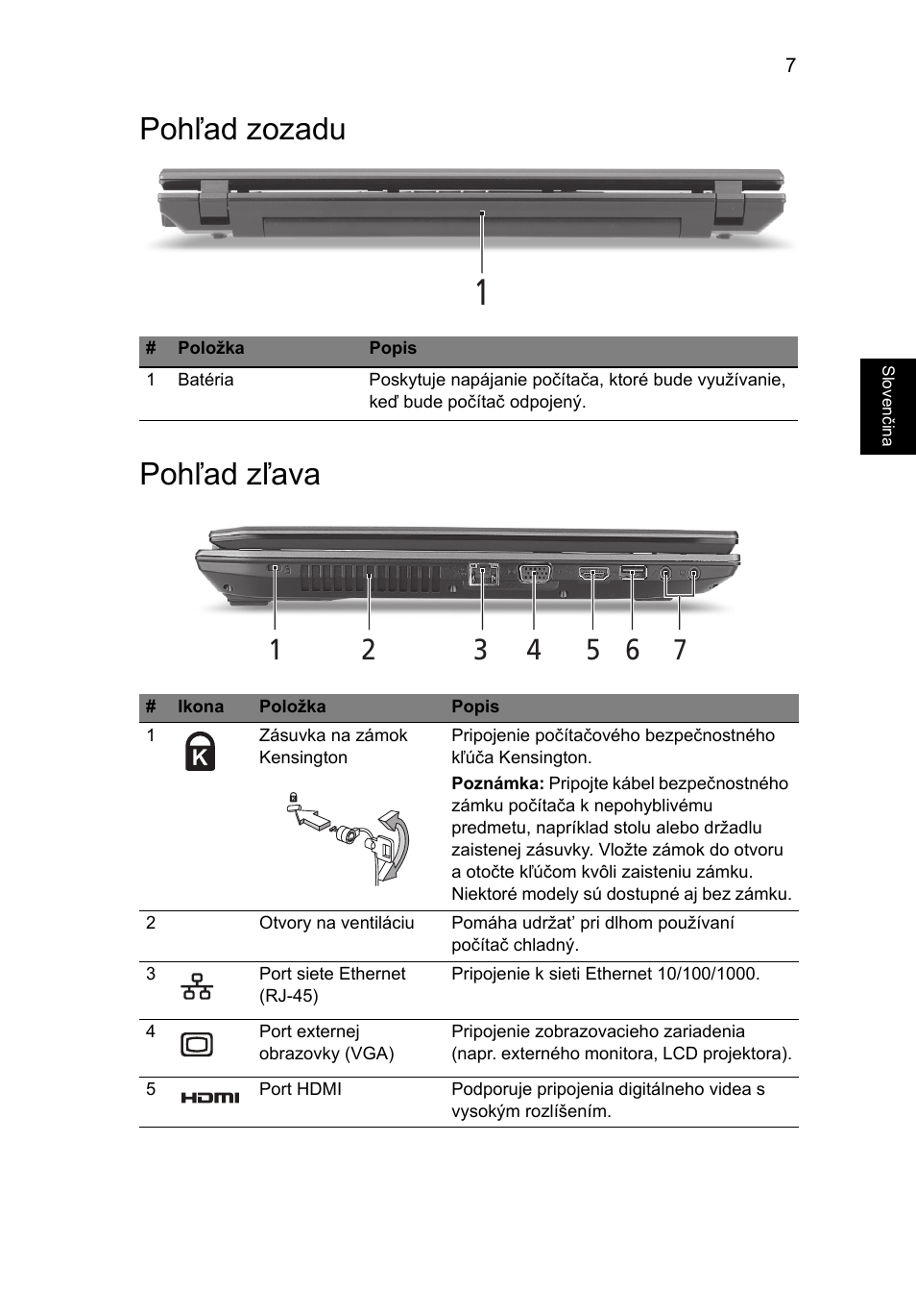 Pohľad zozadu, Pohľad zľava, Pohľad zozadu pohľad zľava | Acer TravelMate 7740ZG User Manual | Page 161 / 314