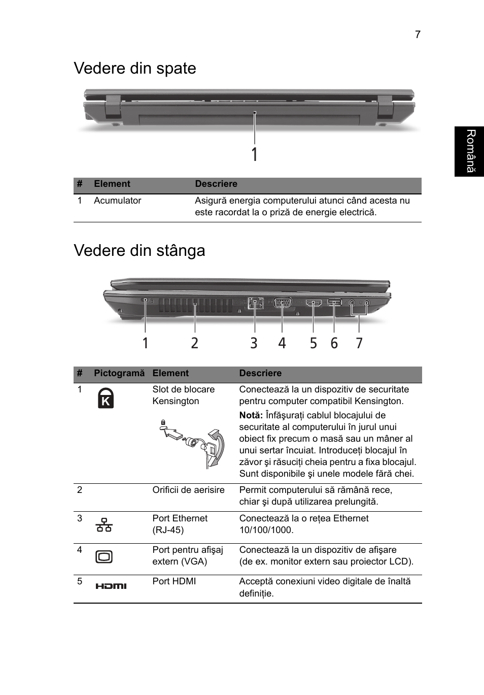 Vedere din spate, Vedere din stânga, Vedere din spate vedere din stânga | Acer TravelMate 7740ZG User Manual | Page 191 / 314