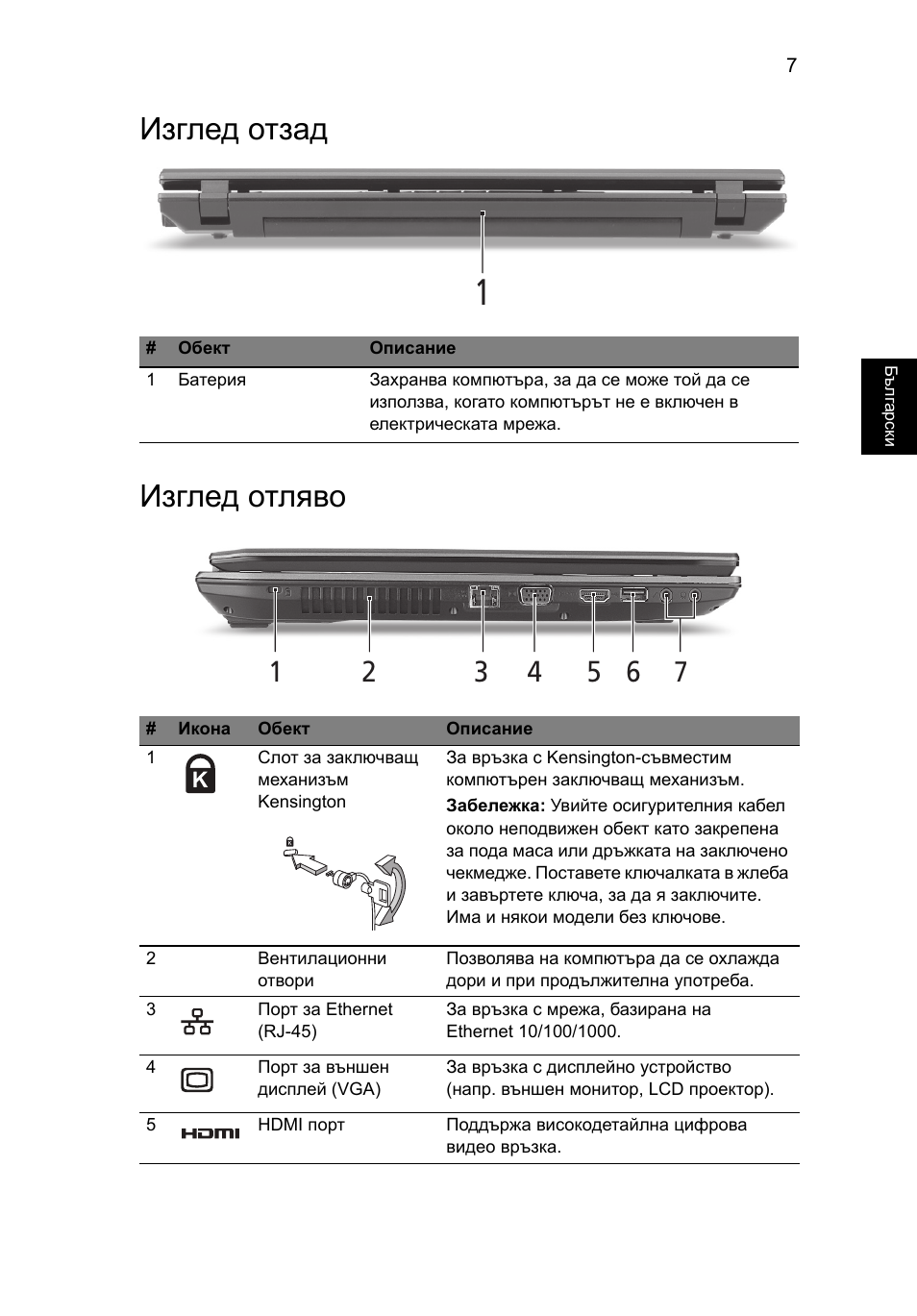 Изглед отзад, Изглед отляво, Изглед отзад изглед отляво | Acer TravelMate 7740ZG User Manual | Page 201 / 314