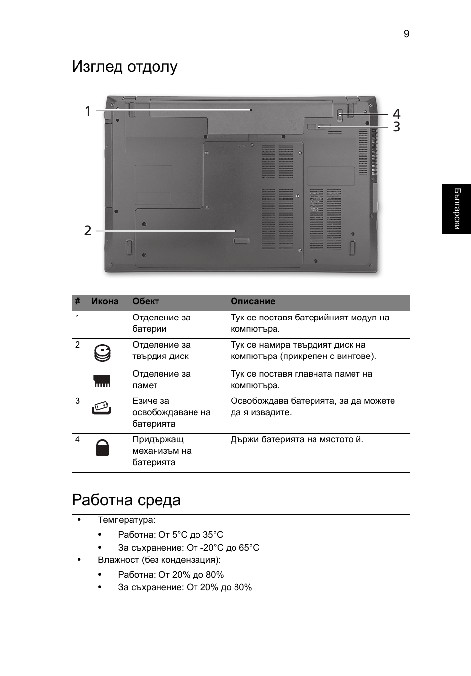 Изглед отдолу, Работна среда, Изглед отдолу работна среда | Acer TravelMate 7740ZG User Manual | Page 203 / 314