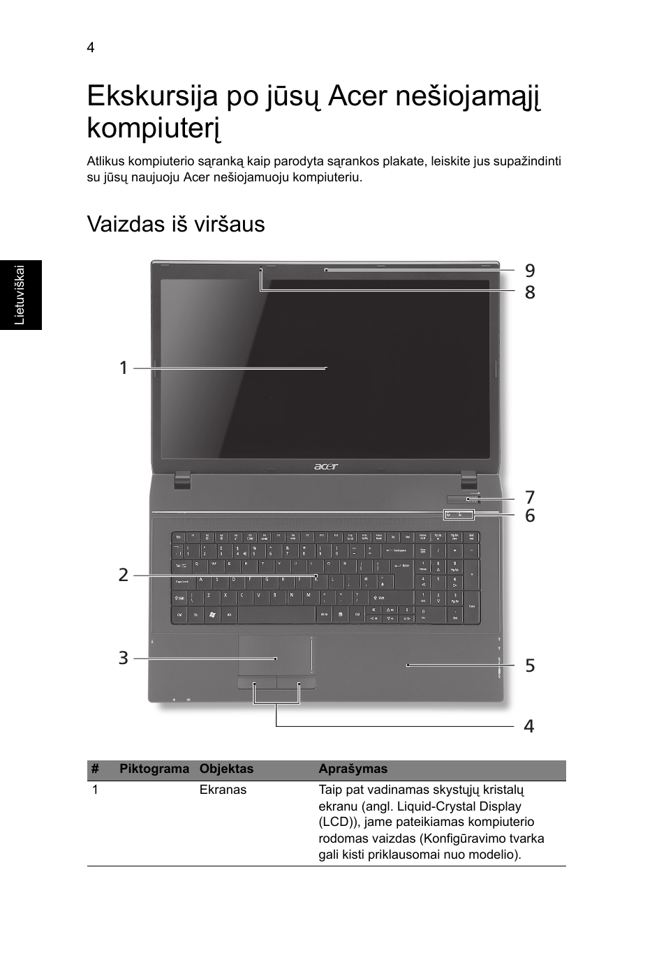 Ekskursija po jūsų acer nešiojamąjį kompiuterį, Vaizdas iš viršaus | Acer TravelMate 7740ZG User Manual | Page 228 / 314