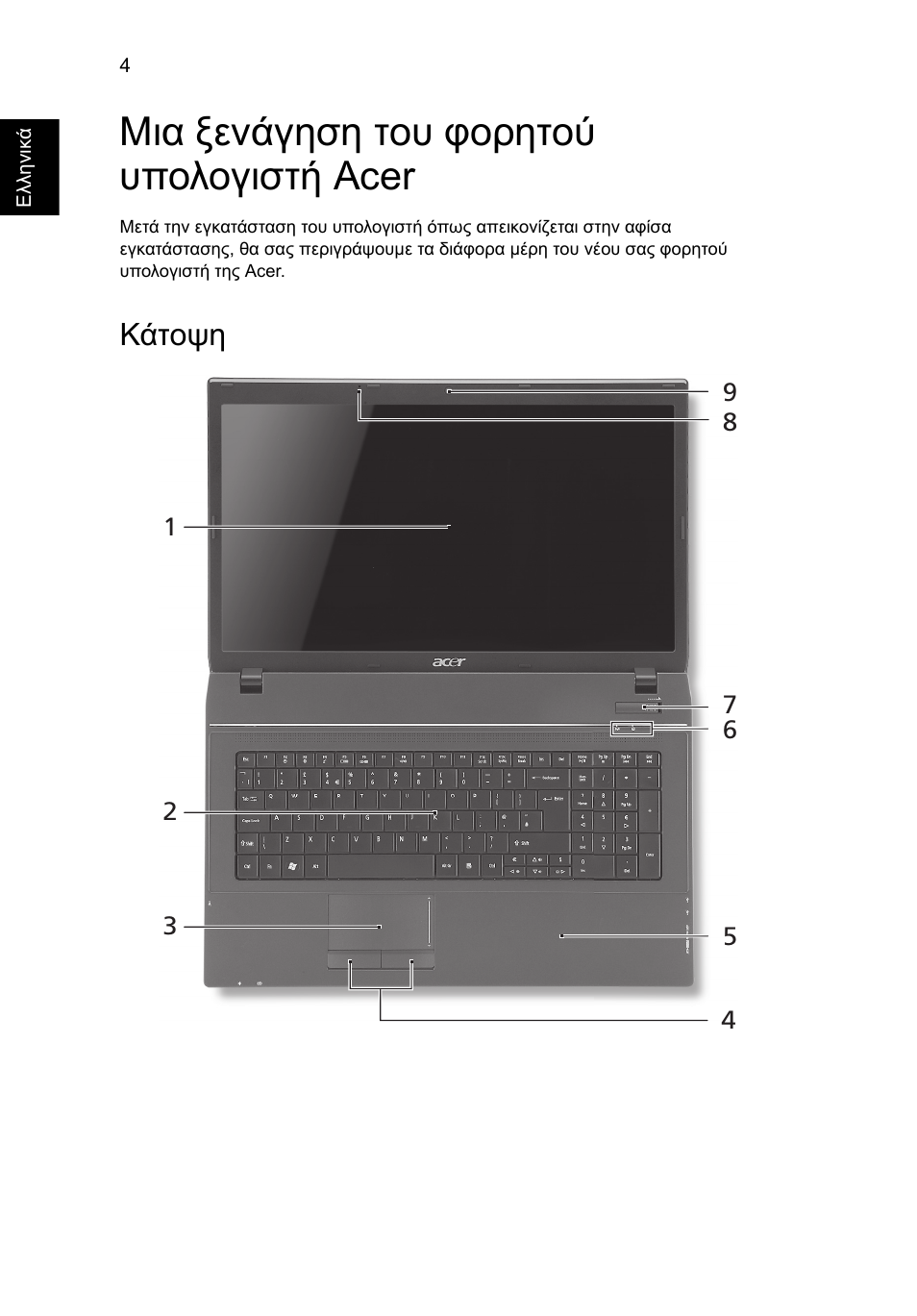 Μια ξενάγηση του φορητού υπολογιστή acer, Κάτοψη | Acer TravelMate 7740ZG User Manual | Page 238 / 314